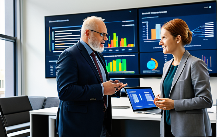 A diverse group of adult professionals in modest business attire, fully clothed, engaged in a collaborative learning session within a modern, high-tech co-working space. Large digital screens display complex data visualizations. One professional thoughtfully observes a screen, another types diligently on a laptop, and a third engages in a lively discussion with a colleague. The atmosphere is bright, optimistic, and reflects a forward-looking approach to professional development. safe for work, appropriate content, perfect anatomy, correct proportions, natural pose, well-formed hands, proper finger count, natural body proportions, professional photography, high quality.