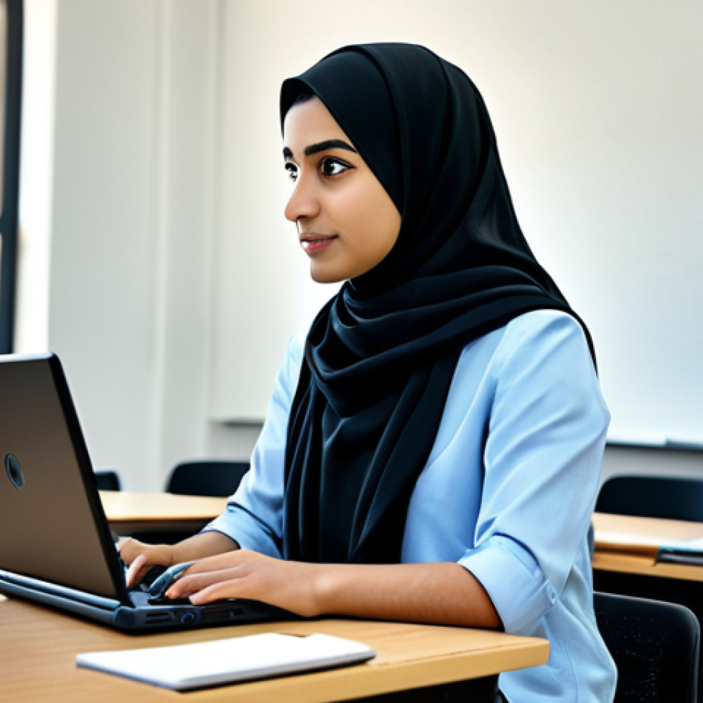 **
A modern classroom in a Middle Eastern university, students are actively engaged in a coding workshop, learning about AI and machine learning. The instructor is a female professor wearing modest professional attire. The scene should depict collaboration and technological exploration. High-resolution, realistic rendering, perfect anatomy, correct proportions, safe for work, appropriate content, fully clothed, professional.
**