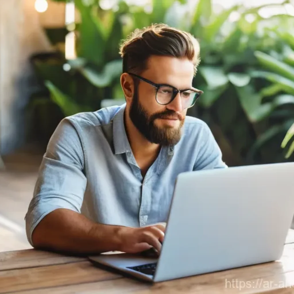 디지털 노마드로서의 직업 준비법 - A focused and productive digital nomad, appearing to be in their late 20s or early 30s, casually yet...