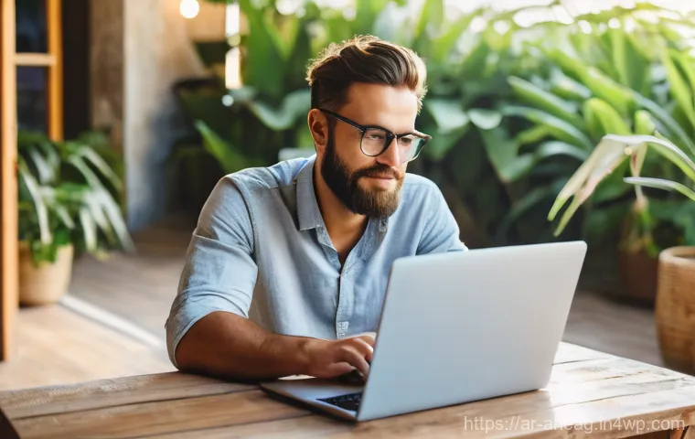 디지털 노마드로서의 직업 준비법 - A focused and productive digital nomad, appearing to be in their late 20s or early 30s, casually yet...