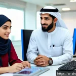 Home 19 미래 일자리 창출을 위한 정부 정책 - A modern vocational training center in a Middle Eastern urban setting, featuring diverse young Arabi...