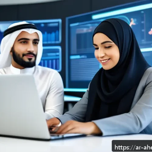 Home 17 2030년대 예상되는 직업군 변화 - A professional Arab man and woman collaborating in a modern office setting, both dressed in smart bu...