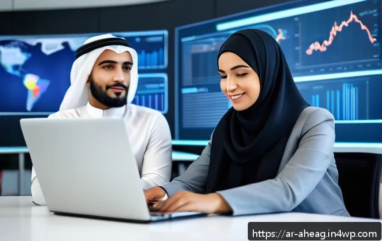 2030년대 예상되는 직업군 변화 - A professional Arab man and woman collaborating in a modern office setting, both dressed in smart bu...