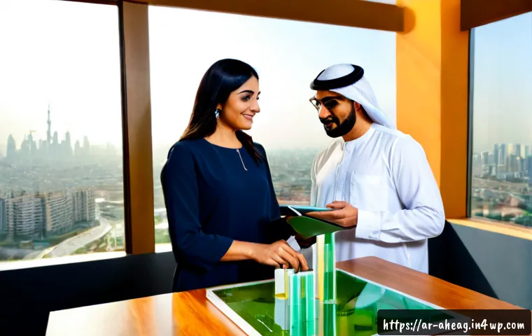 지속 가능한 경영과 관련 직업 탐색 - Photorealistic modern Gulf-region office, an Arab sustainability manager in modest professional atti...
